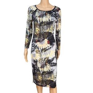 Philosophy bodycon dress tropical palm tree city print black trim stretch sz S